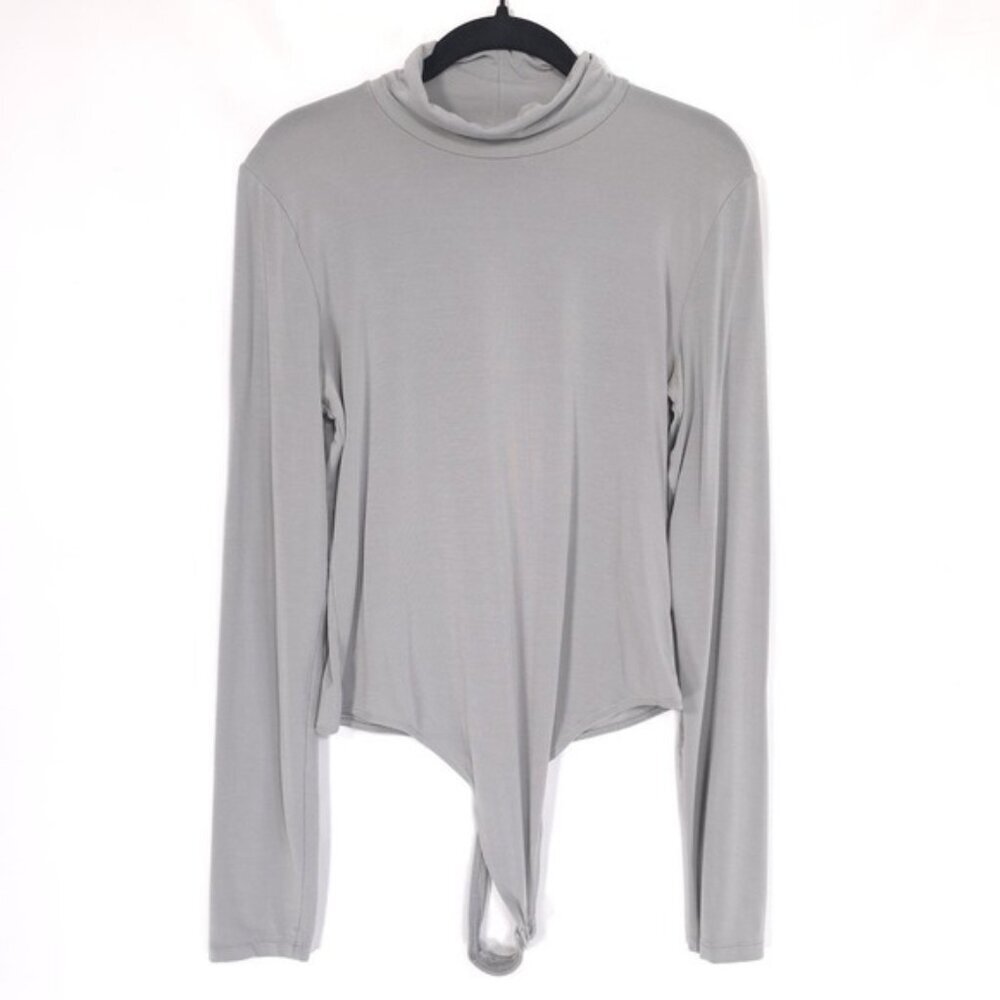 Aritzia Wilfred Women's Bodysuit LARGE Gray Long Sleeve Turtleneck Tencel Stretc